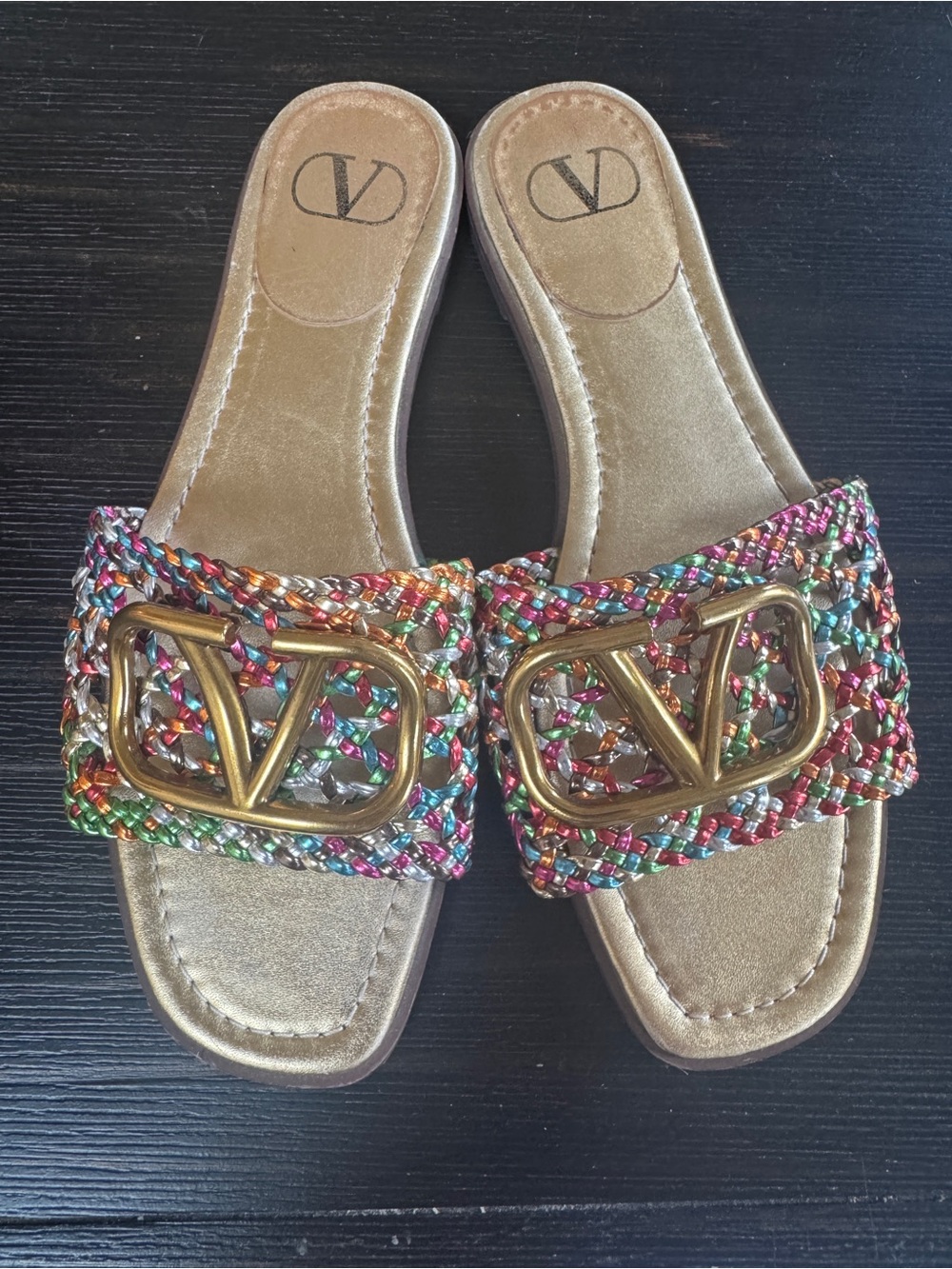 Valentino Multicolor Braided Logo Slide Sandals with Gold Insole